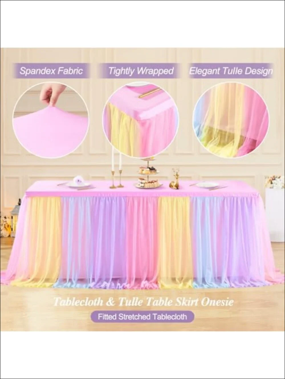 Rainbow Tulle Tablecloth 6ft Rectangle Table Skirt Ruffled Stretch Cover Party